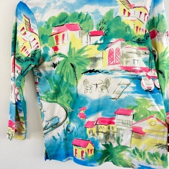 Northern Isles Coastal Village Vibrant Neon Pink Blue Quarter Sleeve Top Small - Picture 8 of 12